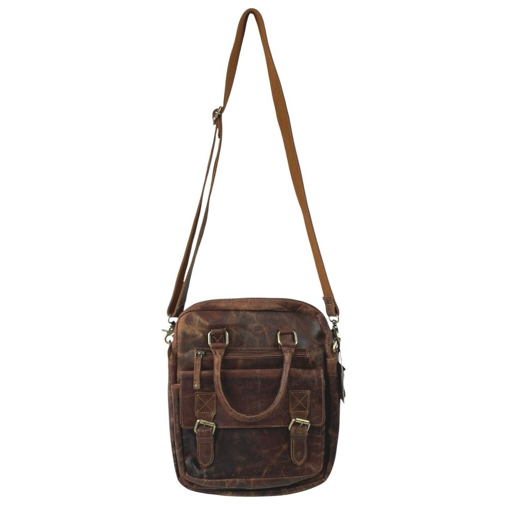 NEW Valenchi Brown Genuine Leather Crossbody Zip Buckle Flap Purse Handbag OS